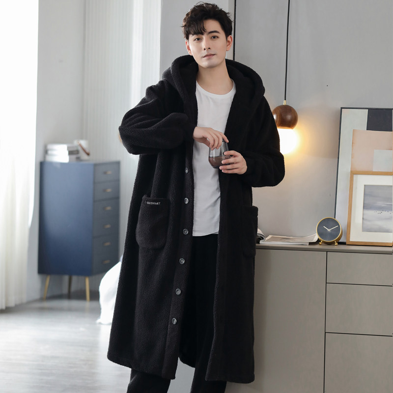 连帽男冬季加绒长款扣子珊瑚绒睡衣 辉尔雅睡袍/浴袍