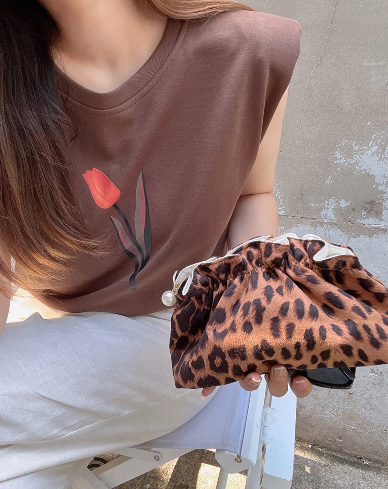 KOGIRL自制便携式高级豹纹珍珠拉链花苞边化妆包收纳包韩国手拿包