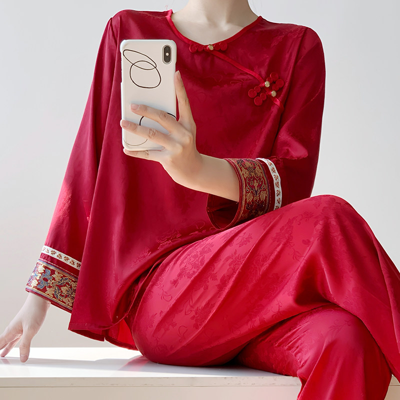 编织刺绣红色新中式国风睡衣女长袖春夏季薄款冰丝格格清汉家居服,淘宝优惠券,粉丝福利购,淘宝优惠卷