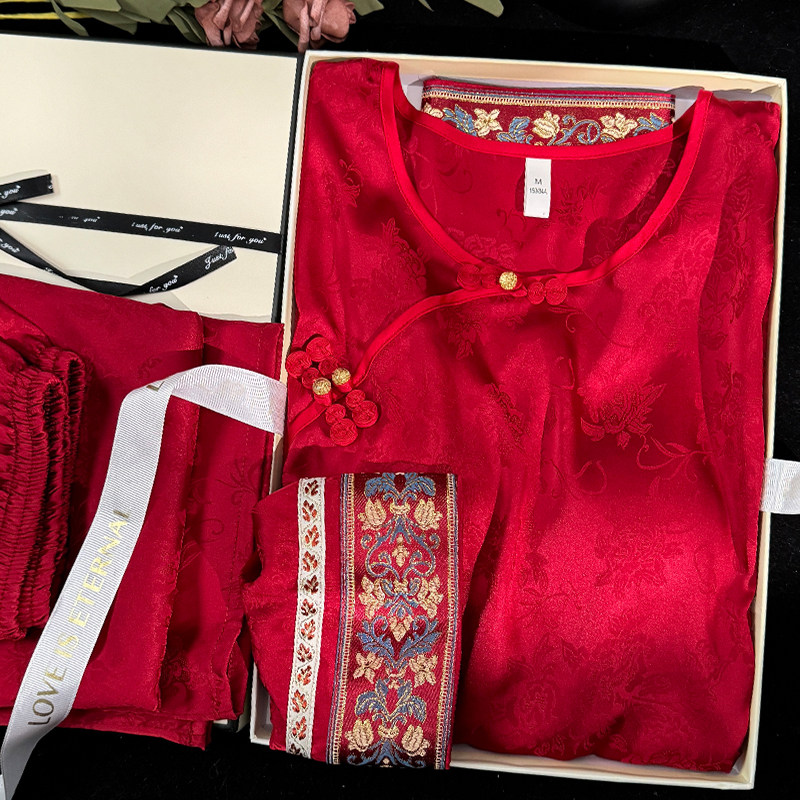 编织刺绣红色新中式国风睡衣女长袖春夏季薄款冰丝格格清汉家居服,淘宝优惠券,粉丝福利购,淘宝优惠卷