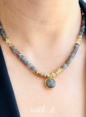 with it拉长石项链蓝灰切面宝石珠串法式风复古珠宝首饰礼物255