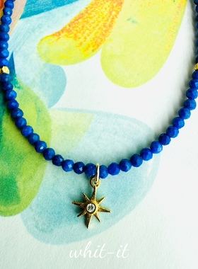 with it迷你青金石项链细闪太阳吊坠珠串choker蓝色珠法式叠戴159