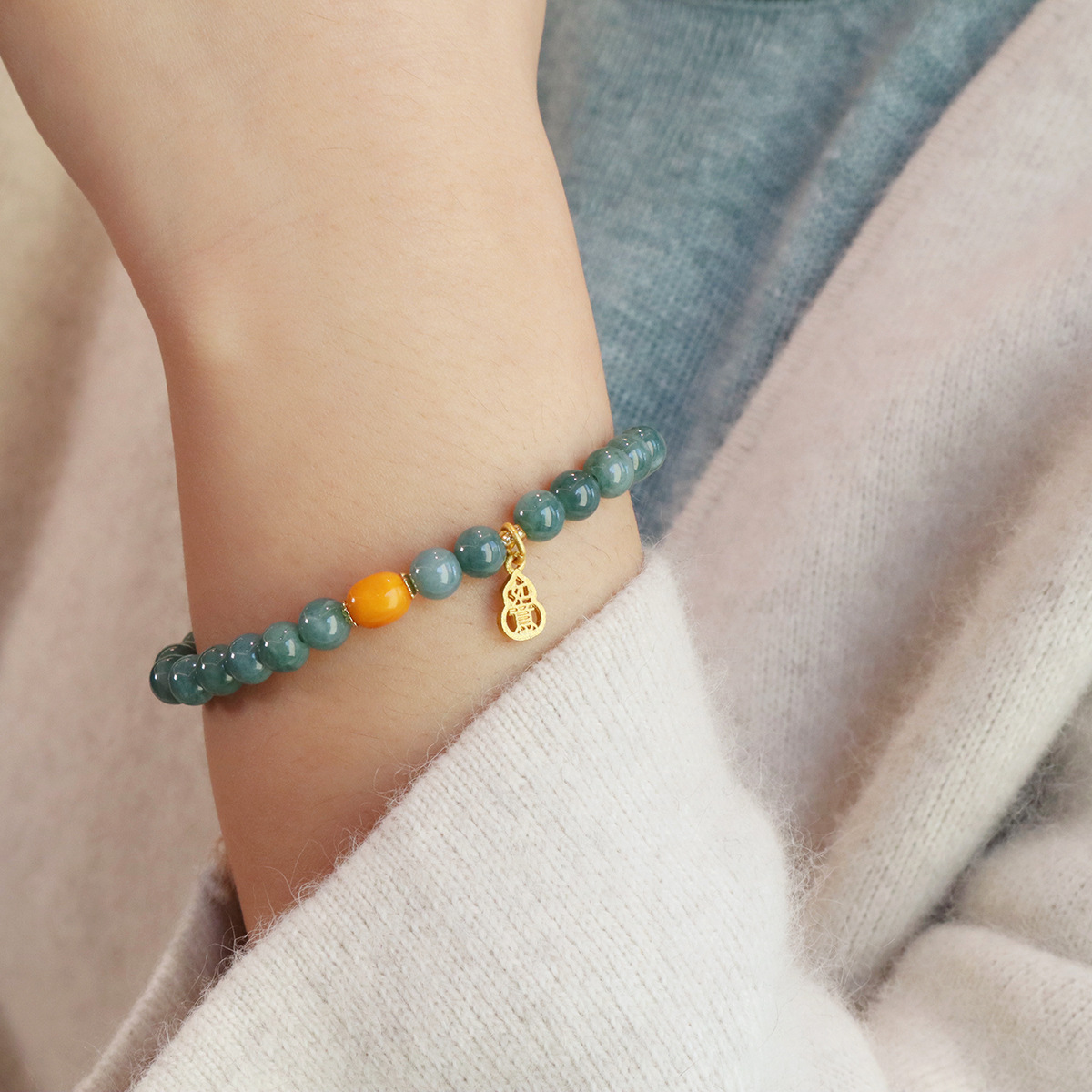 进口天然蓝水翡翠圆珠手串搭配蜜蜡简约高级感新中式手饰品手链 - 图0