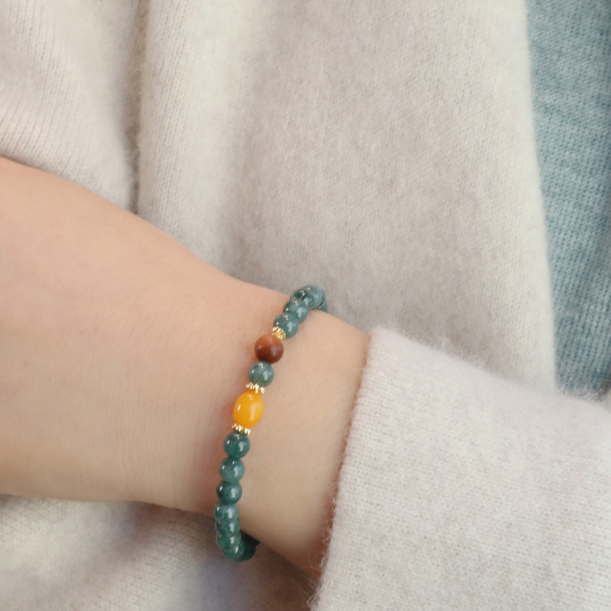 进口天然蓝水翡翠圆珠手串搭配蜜蜡简约高级感新中式手饰品手链 - 图1