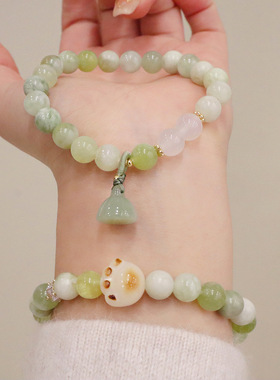 进口青提奶盖手串天然岫玉莲蓬吊坠菩提猫爪新中式文艺复古设计款