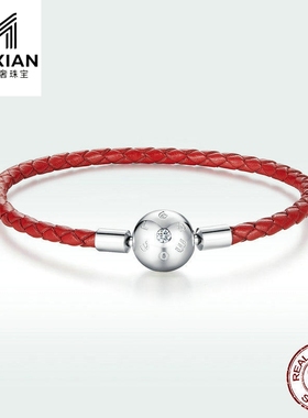 美汝仙 简约扣头s925纯银女真皮单圈基础红色手链原创设计手绳