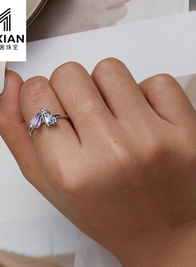 美汝仙 原创s925纯银唯美蜻蜓开口戒指镀白金渐变滴油锆石昆虫