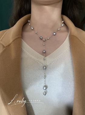 L.RUBY淡水珍珠闪钻多带毛衣链