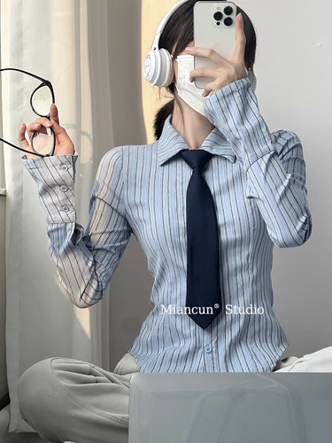 美拉德穿搭条纹肌理感收腰衬衫女轻熟小众学院风刺绣修身长袖上衣 - 图0