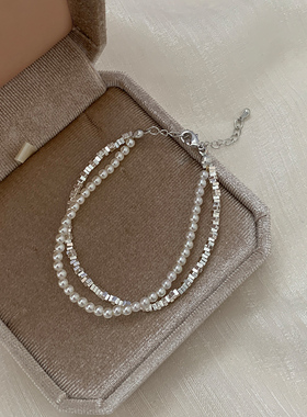 双层麻花碎银子珍珠手链闺蜜饰品