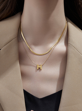 H字母双层项链钛钢不掉色毛衣链