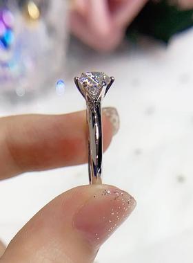 莫桑石戒指S925纯银女经典镶嵌莫桑钻真钻石开口六爪钻戒直播