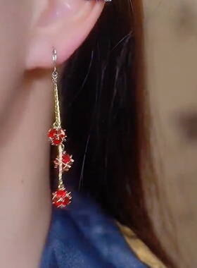 三生三世红色钻球流苏耳环女