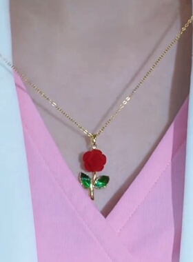 时尚红色丝绒玫瑰花吊坠项链女