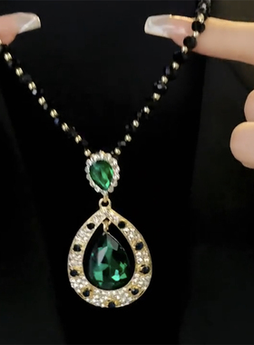 原创设计绿色水晶水滴形毛衣链女