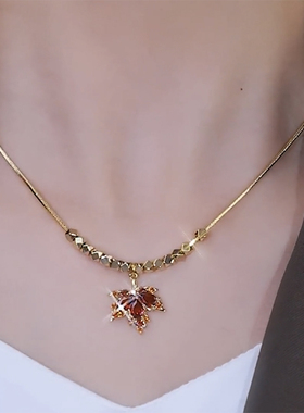 时尚百搭枫叶项链红色锆石锁骨链