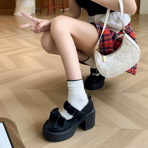 日系厚底8cm增高玛丽珍鞋女2026年新款夏季蝴蝶结法式高跟小皮鞋 - 图1