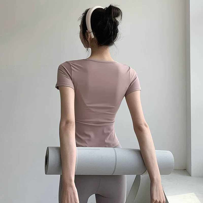 清仓处理T恤V领瑜伽服带胸垫锦纶裸感双面薄款运动女健身服上衣,淘宝优惠券,粉丝福利购,淘宝优惠卷