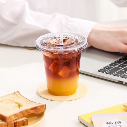一次性咖啡杯带盖奶茶杯子PET透明自制拿铁打包柠檬茶冷饮杯塑料 - 图0