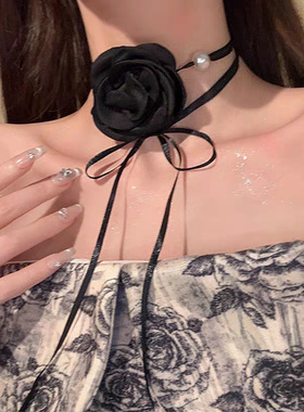 安可拉红玫瑰花项链女配饰山茶花系带项圈颈链Choker珍珠锁骨链