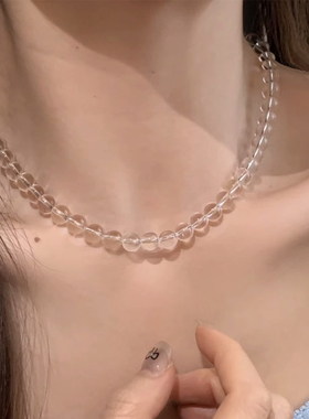 晶灵谷 天然双A白水晶项链女S925银扣圆珠锁骨链轻奢时尚高级感
