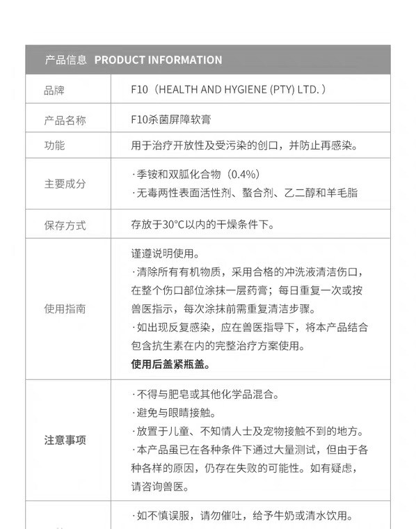 顺丰包邮 进口F10软膏宠物抗菌消炎多用途鹦鹉涂抹咬伤烫伤除菌膏 - 图2