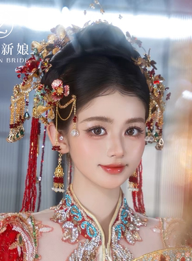 中式新娘红色流苏凤冠发饰套装