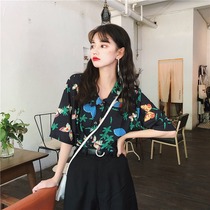 Summer French style new short sleeves Fancy Shirt Woman Retro Port Wind Net Red Butterfly Printed Loose of Snow Spun Shirt Tide