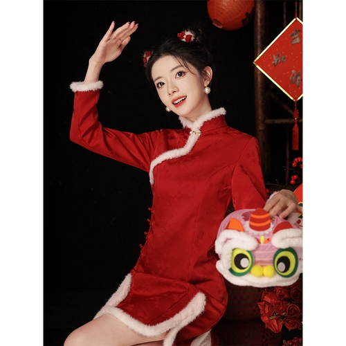 Красное ципао, утепленное летнее праздничнное вечернее платье, подходит для подростков