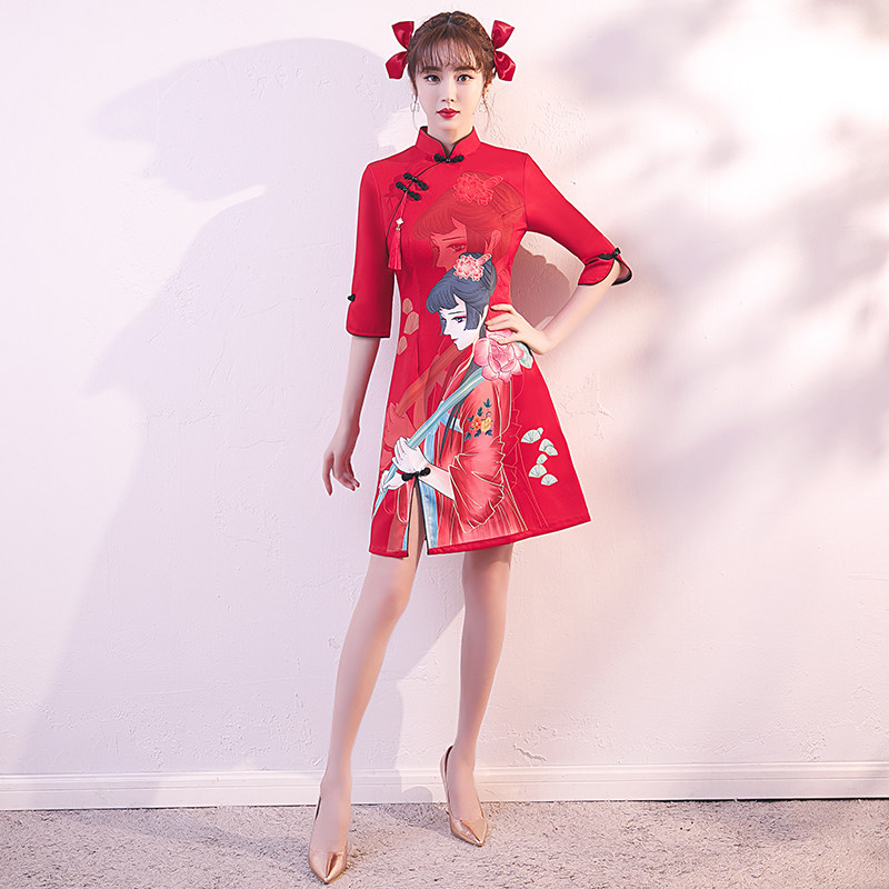 国潮旗袍2021年新款红色改良连衣裙 颜赋绣旗袍