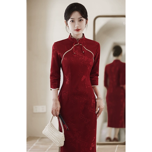 Красное ципао, демисезонное вечернее платье, лонгслив, свадебное платье для невесты, премиум класс, китайский стиль