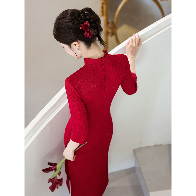 红色旗袍敬酒服新娘秋冬长袖新中式改良年轻款结婚订婚礼服连衣裙 - 图3