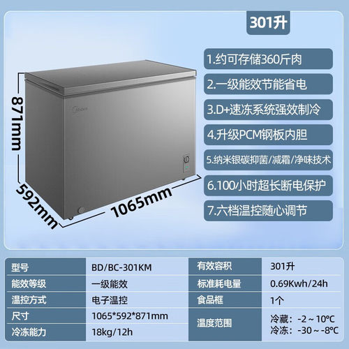 美的冰柜家用301/203L大容量全冷冻冷柜保鲜冷藏两用单温一级节能-图2