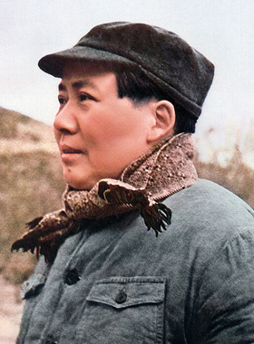 毛主席在延安-1945年艰苦岁月大棉袄戴围巾革命根据地主席像有框