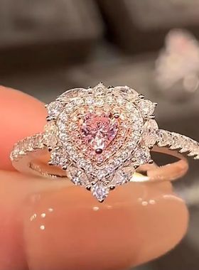 J43轻奢高级感粉钻爱心戒指女潮开口戒超仙甜美风满钻心形指戒