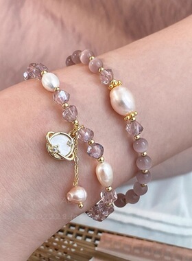 S18长款珍珠星球叠搭手链女ins小众设计高级感猫眼石串珠百搭手串