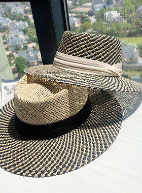 英伦风精致拼色凹顶草帽女夏天出游遮阳爵士帽时尚百搭度假沙滩帽