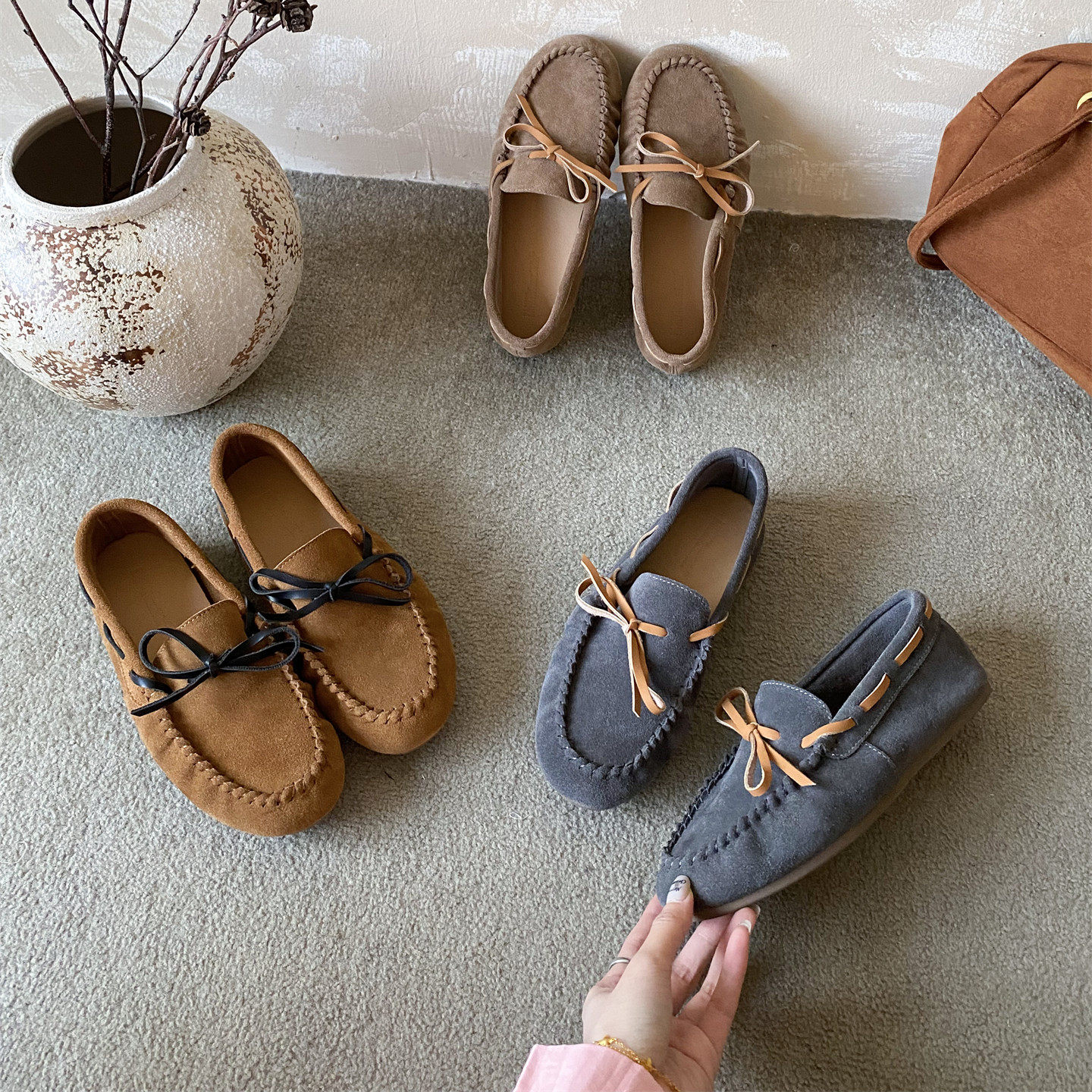 真皮蝴蝶结休闲一脚蹬乐福鞋百搭平底深口单鞋软底磨砂牛皮豆豆鞋,淘宝优惠券,粉丝福利购,淘宝优惠卷