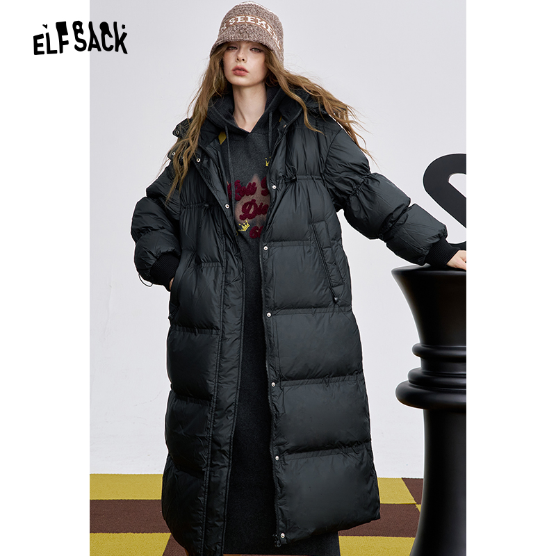 妖精的口袋黑色亮面连帽长款羽绒服女2025年秋冬新款宽松保暖外套