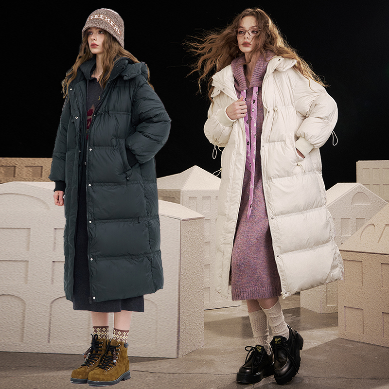 妖精的口袋黑色亮面连帽长款羽绒服女2025年秋冬新款宽松保暖外套