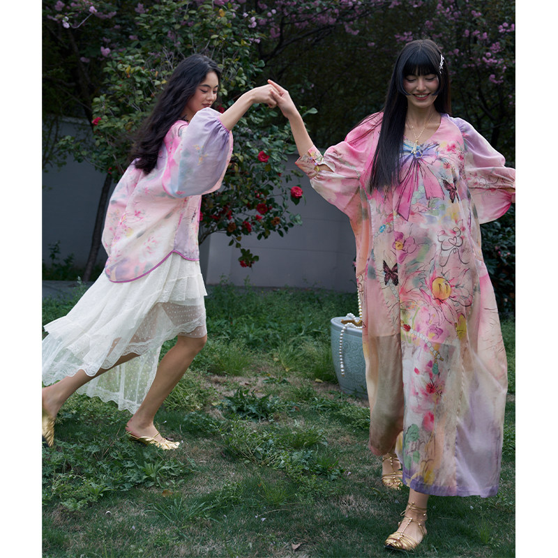 妖精的口袋新中式粉色连衣裙女2026夏季新款度假风袍子裙宽松长裙