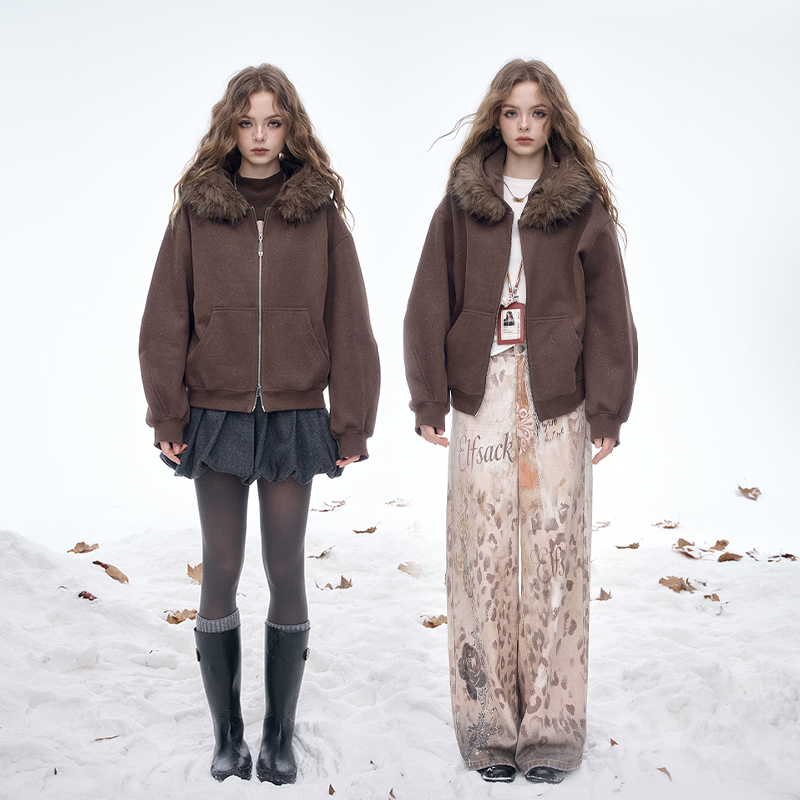 妖精的口袋复古大毛领加绒连帽卫衣开衫