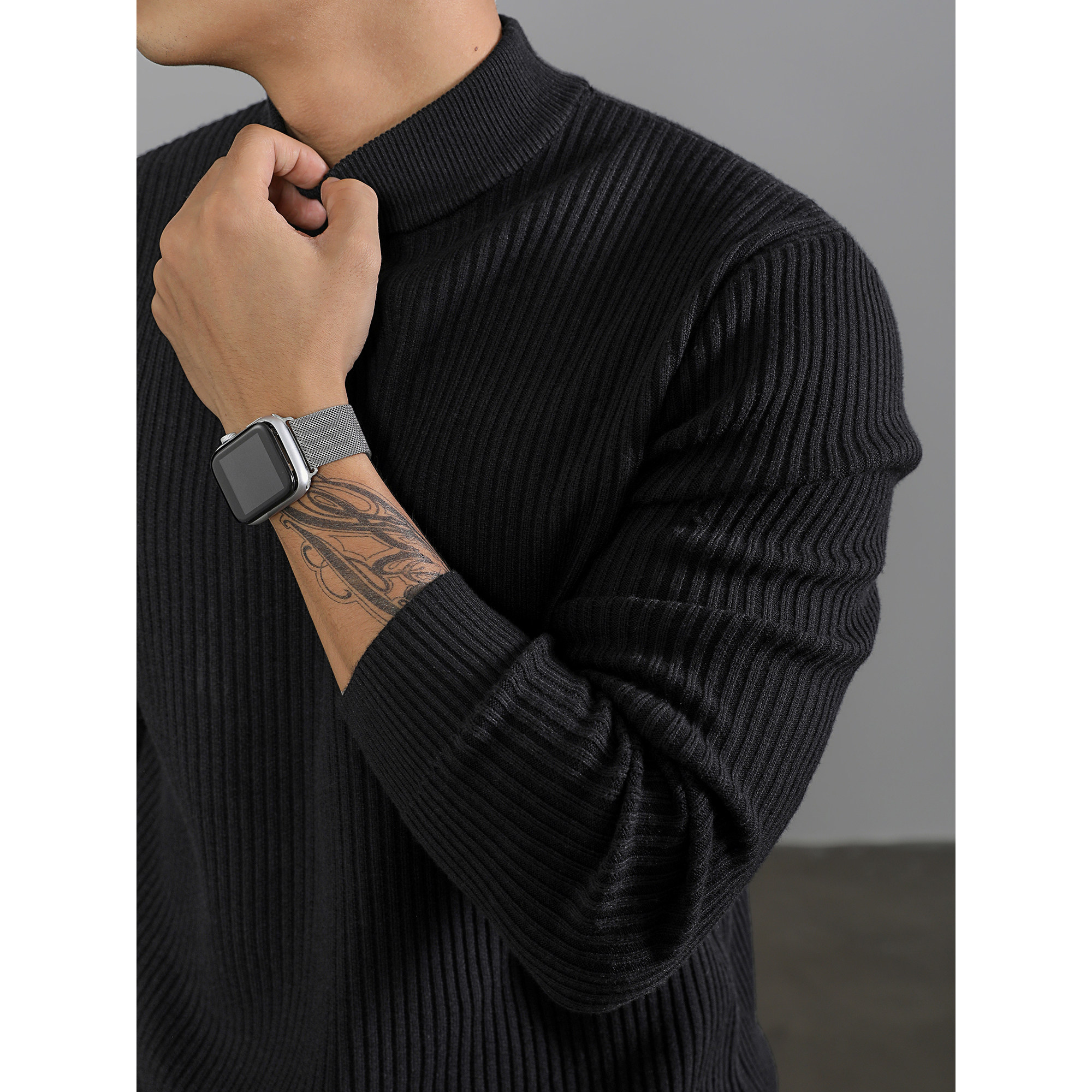 LUUD 半高领毛衣男冬季黑色内搭保暖潮流韩版竖条纹理打底针织衫,淘宝优惠券,粉丝福利购,淘宝优惠卷