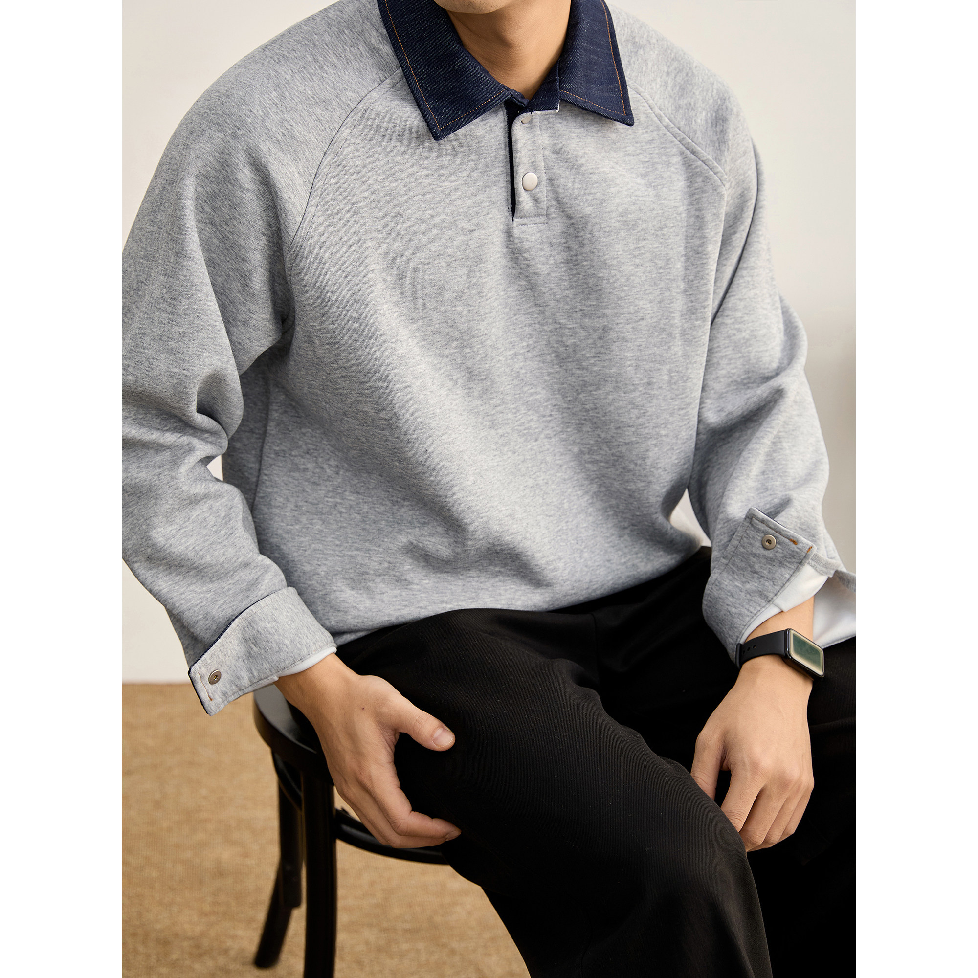 特价 350g重磅撞色落肩长袖POLO衫男秋水洗棉牛仔布拼接翻领卫衣,淘宝优惠券,粉丝福利购,淘宝优惠卷