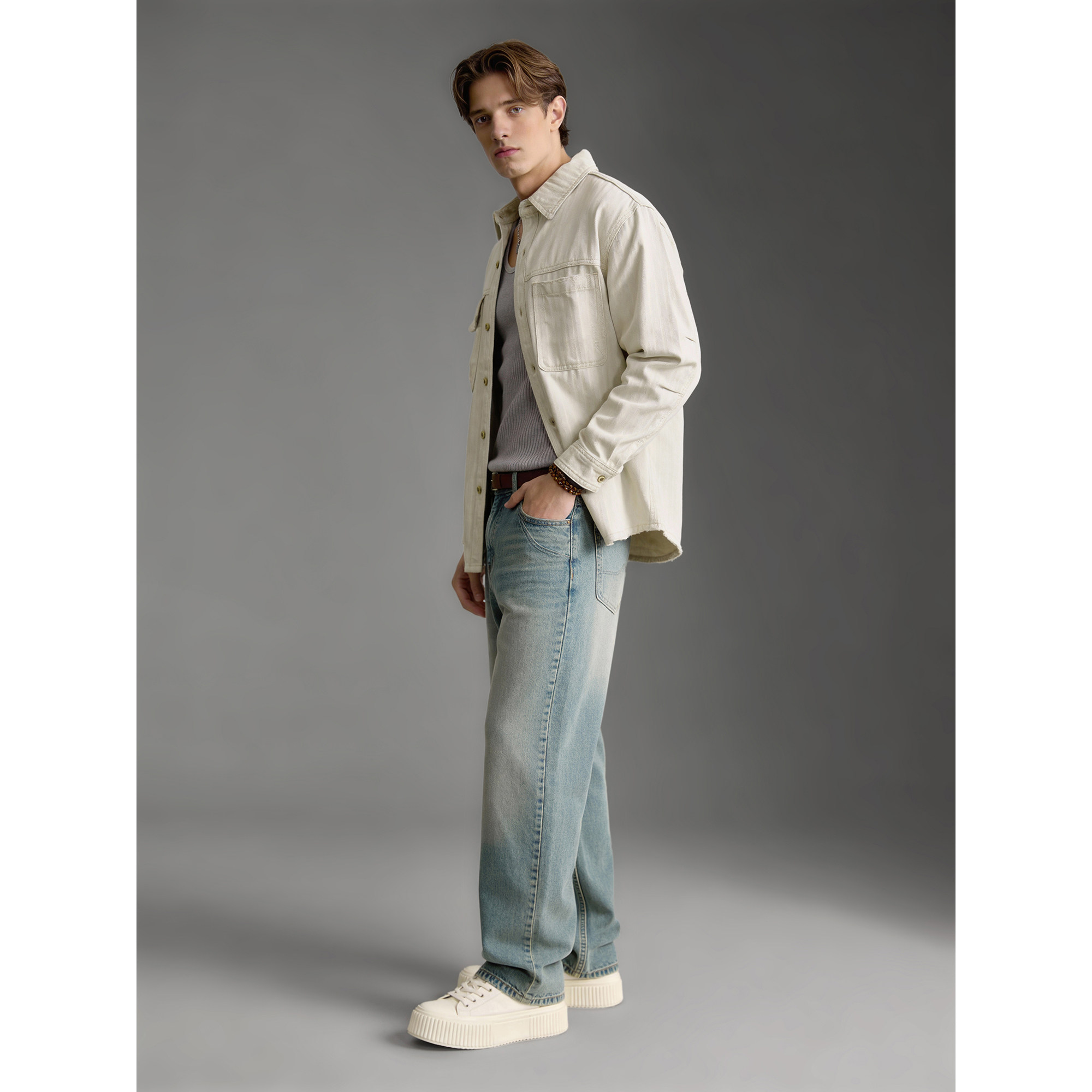 LUUD 早春100%纯棉双口袋衬衣外套男士水洗白牛暗纹肌理牛仔衬衫,淘宝优惠券,粉丝福利购,淘宝优惠卷