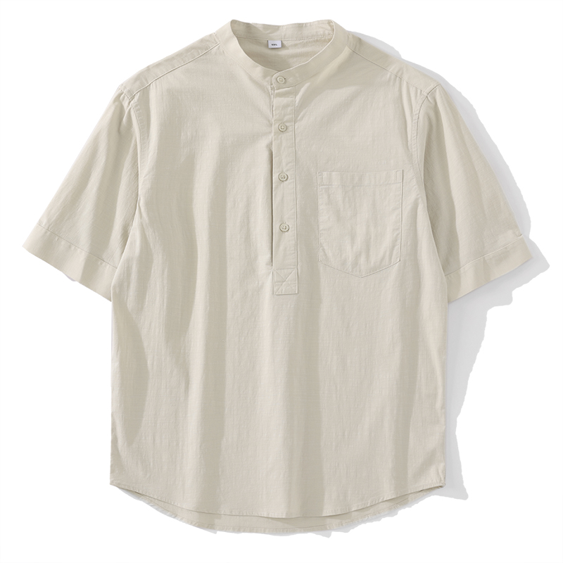 LUUD 纯色透气棉麻立领衬衫男士轻奢气质短袖夏季休闲韩版潮寸衣 - 图3