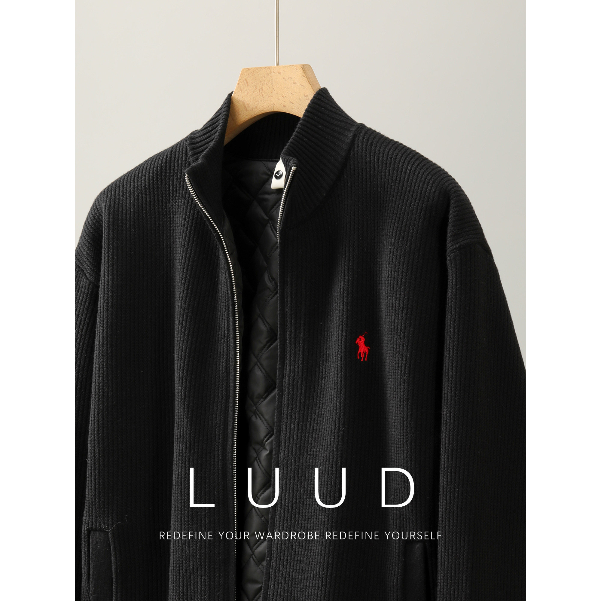 LUUD 莱赛尔天丝刺绣保暖夹棉针织开衫男士冬季坑条肌理立领外套,淘宝优惠券,粉丝福利购,淘宝优惠卷