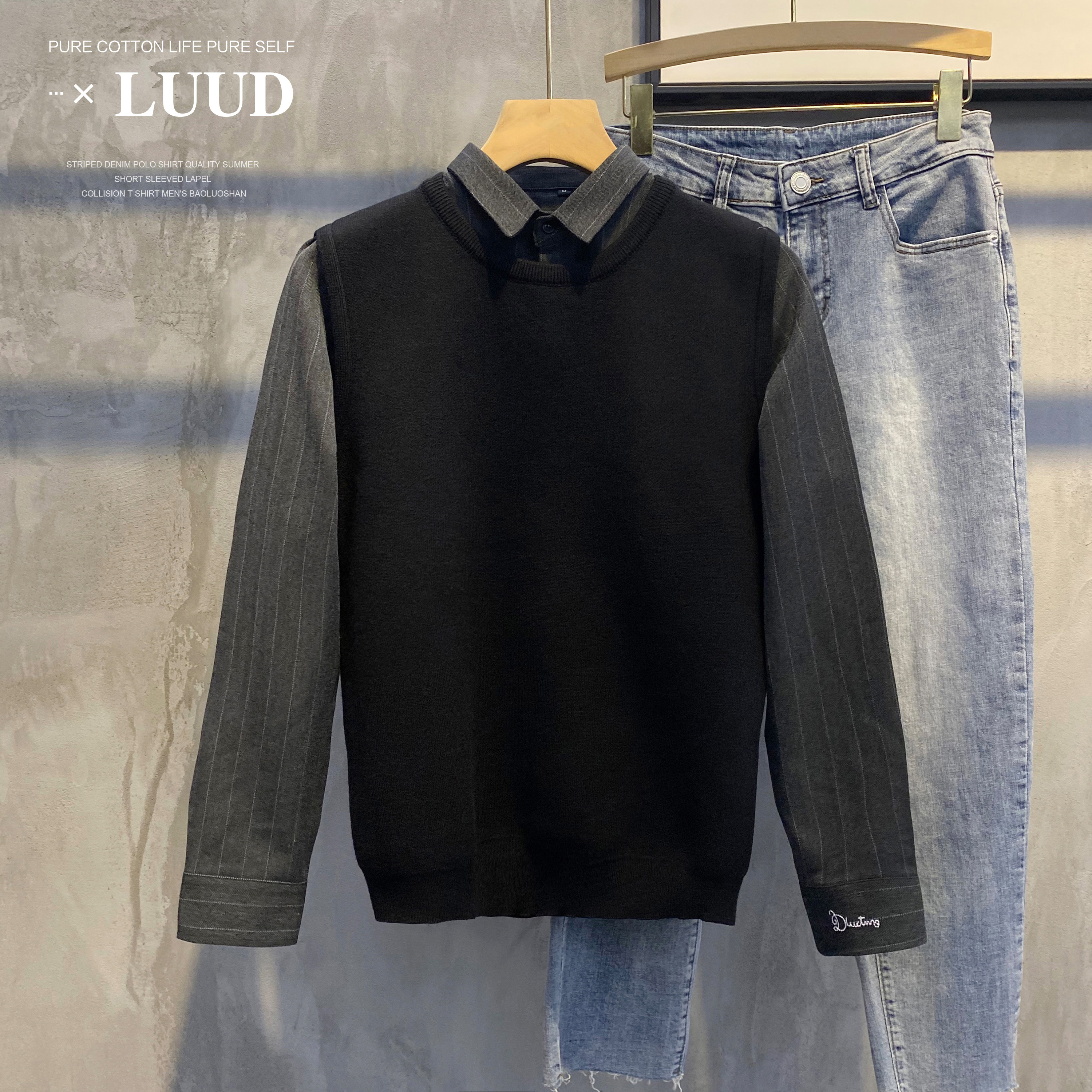 秋冬英伦男士修身假两件针织衫休闲复古毛衫拼接衬衫领外套 LUUD 秋冬英伦男士修身假两件针织衫休闲复古毛衫拼接衬衫领外套 LUUD