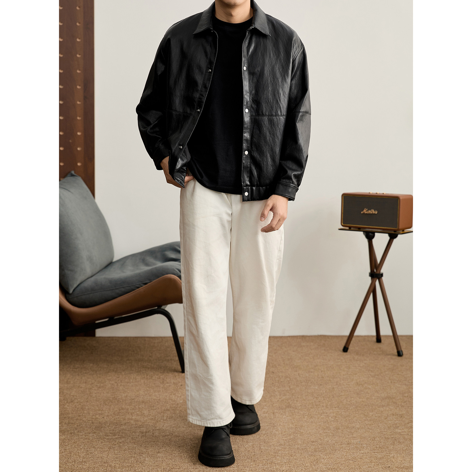 LUUD 男秋冬衬衫式PU皮夹克美式复古亮面暗纹翻领单排扣皮衣外套,淘宝优惠券,粉丝福利购,淘宝优惠卷