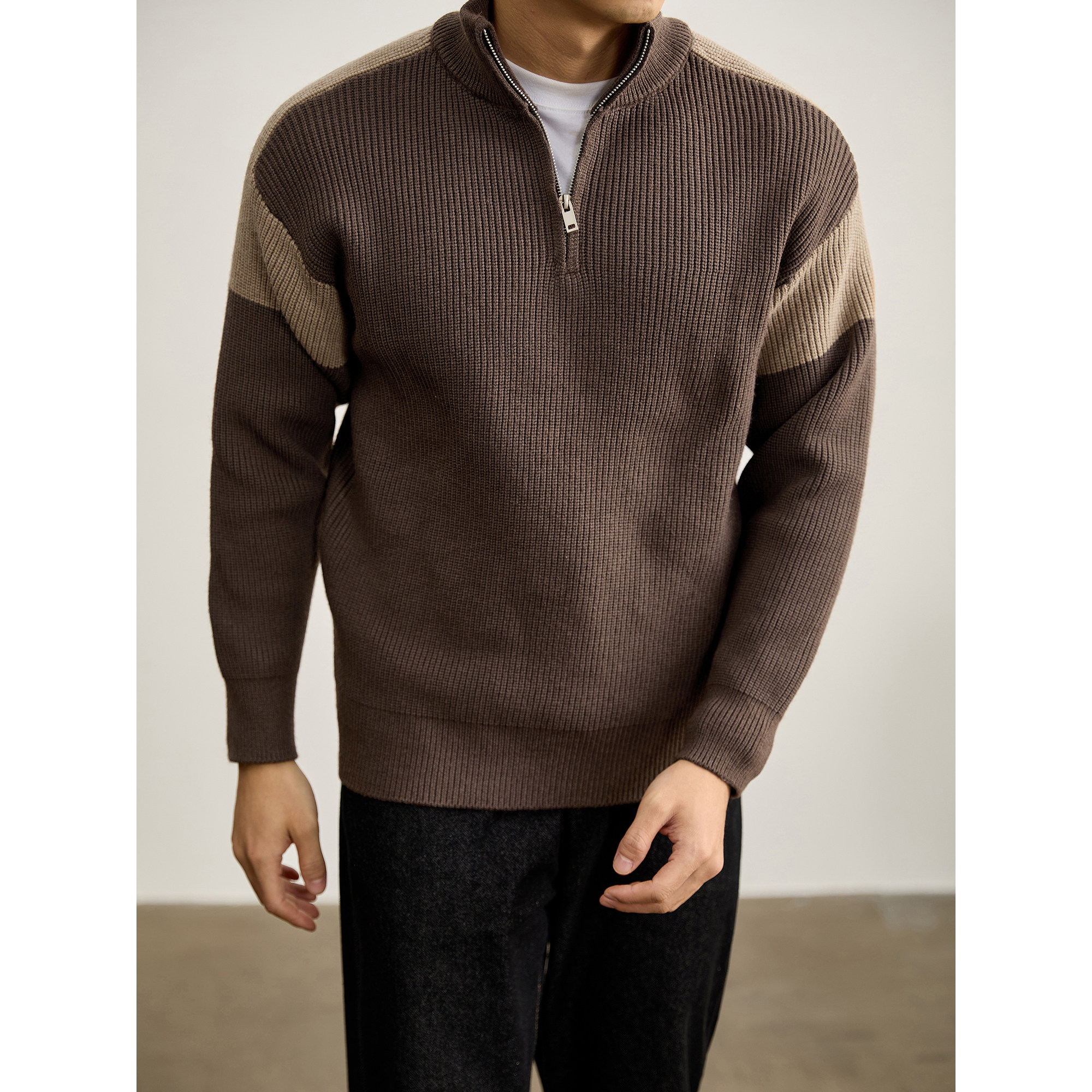 LUUD 美拉德色重磅820G半拉链立领毛衣男士撞色插肩袖设计针织衫,淘宝优惠券,粉丝福利购,淘宝优惠卷